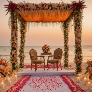 A romantic beachside wedding altar decorated with flowers at sunset. An impressive private celebration. A romantic beachside wedding altar decorated with flowers at sunset. An impressive private celebration