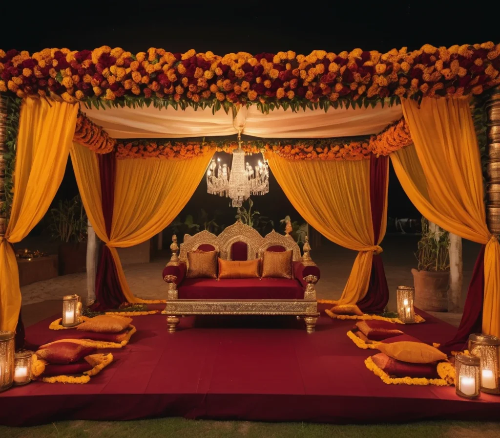 A vibrant mandap draped in rich maroon and gold fabrics embellished with fresh marigolds and jasmine garlands. Twinkling diyas clay lamps add a warm glow3