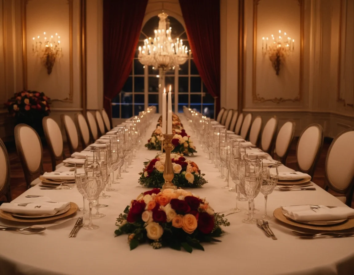 An elegant ballroom table set for a private dinner celebration with flowers candles and place settings2