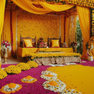 Bright floral and yellow haldi decorations surrounding the ceremony area7 Bright floral and yellow haldi decorations surrounding the ceremony area7