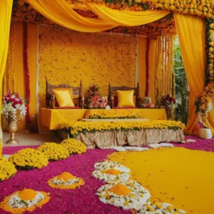 Bright floral and yellow haldi decorations surrounding the ceremony area7