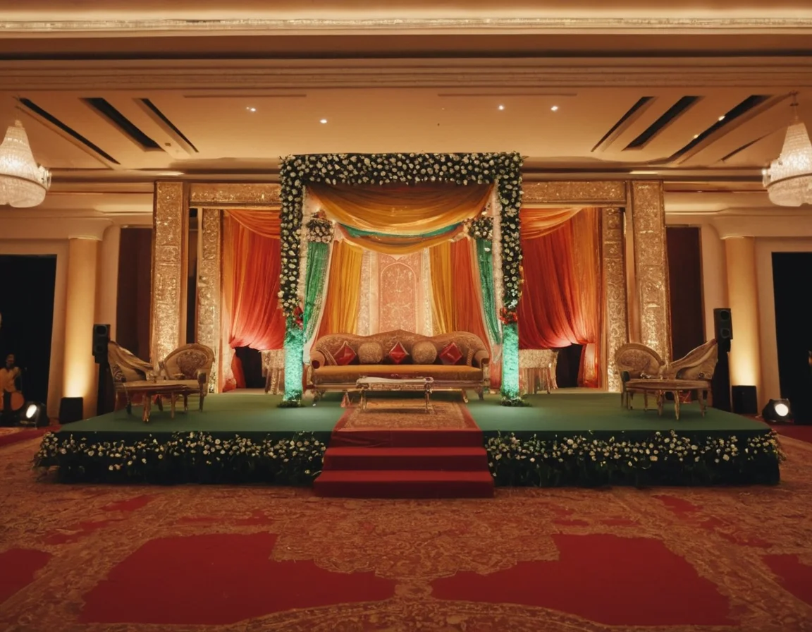 elite Indian cultural event in a elegant ballroom with stage , trus , sound etc setup