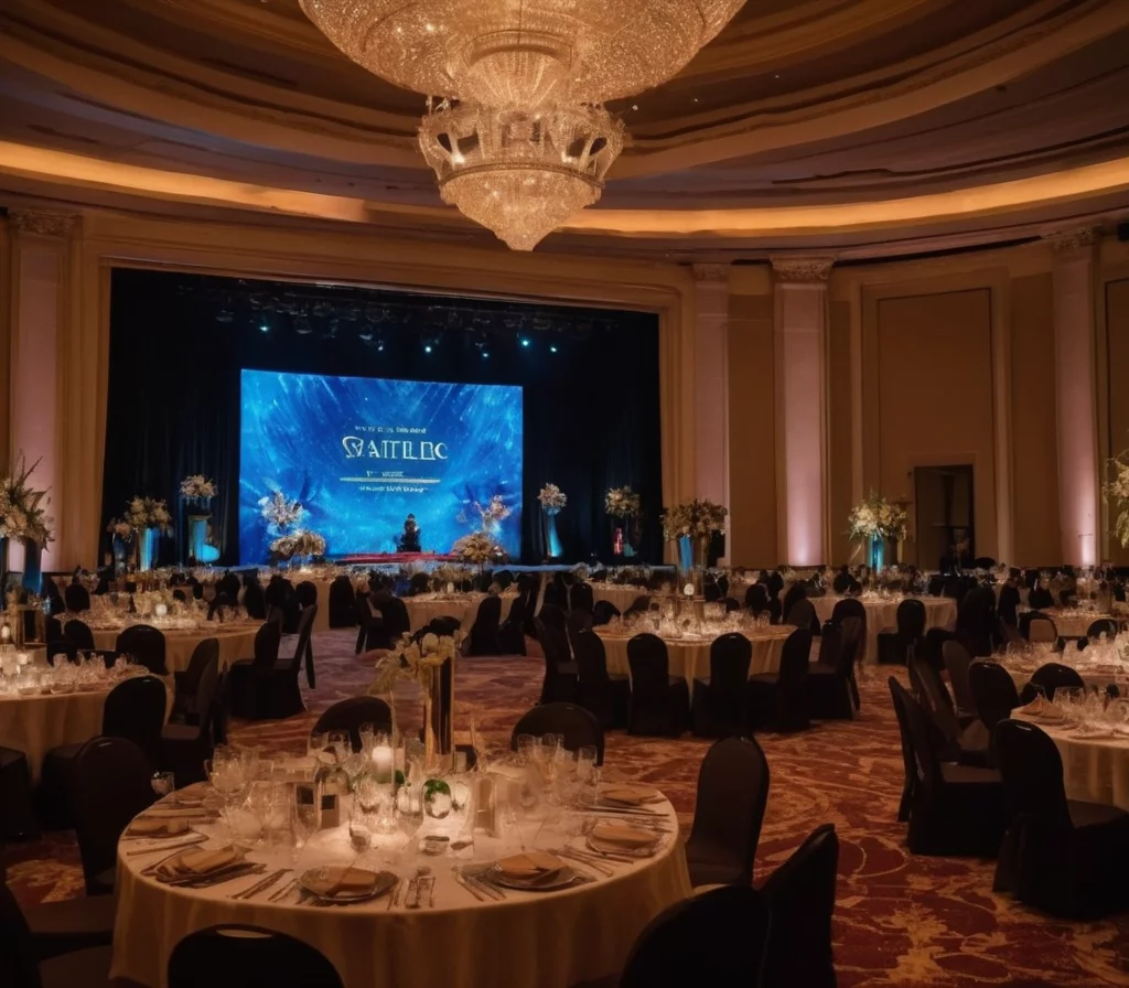 elite corporate event in a elegant ballroom with stage trus sound etc setup2